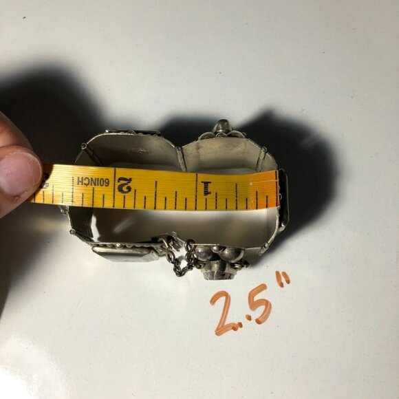 Vintage Sterling Silver Panel Bracelet Abalone Aztec Taxco Mexico Eagle Head - Picture 13 of 15